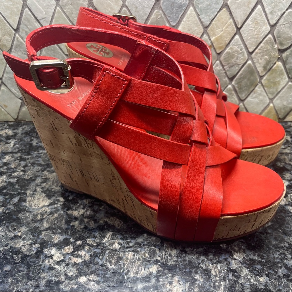 Tory Burch Red Wedge Sandals with Strappy Design